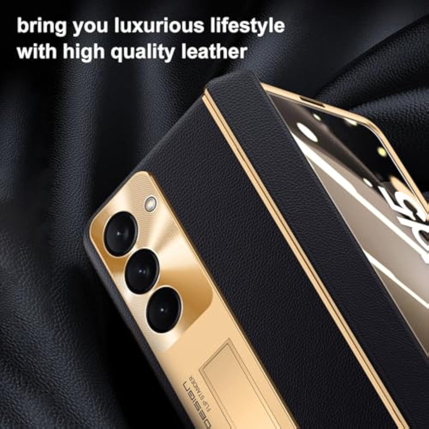 For Samsung Galaxy Z Fold 5 Case, Electroplated Frame, Leather On Back & Hinge Protection, Screen Protector, Metal Stand, Camera Protection, Thin & Slim Stand Cover 5G 2023, Black