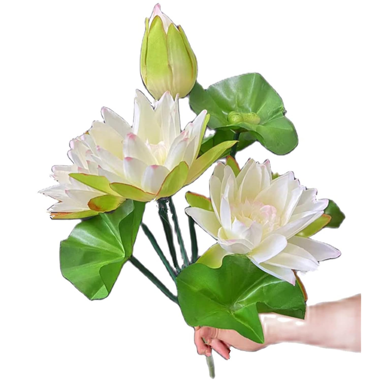 2Pcs Artificial Water Lily Flower Bouquet Silk Nymphaea Tetragona Plant Bunch Lotus For Hotel Shop Office Floral Decoration (White)