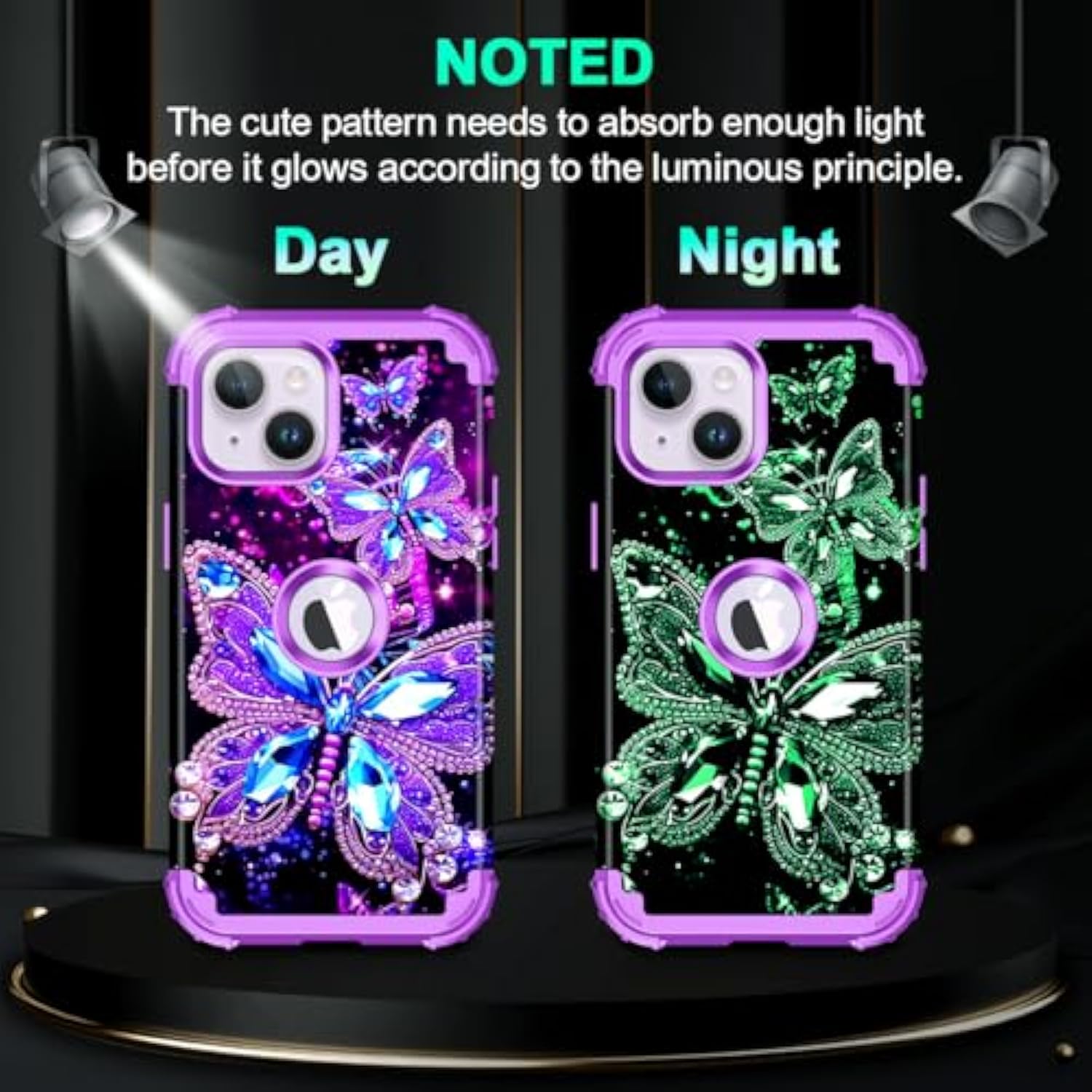 Compatible With Iphone 14 Plus Case,Glow In The Dark Three Layer Heavy Duty Shockproof Hard Plastic Bumper+Soft Silicone Protective Case For Apple Iphone 14 Plus,Dark Butterfly