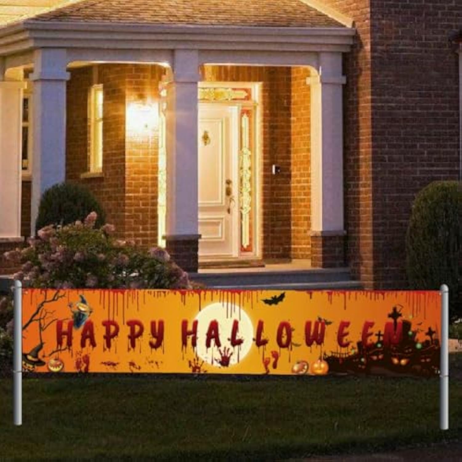 Large Happy Halloween Banner 98x19 Inch Pumpkin Graveyard Outdoor Decoration for Wall Yard Fence