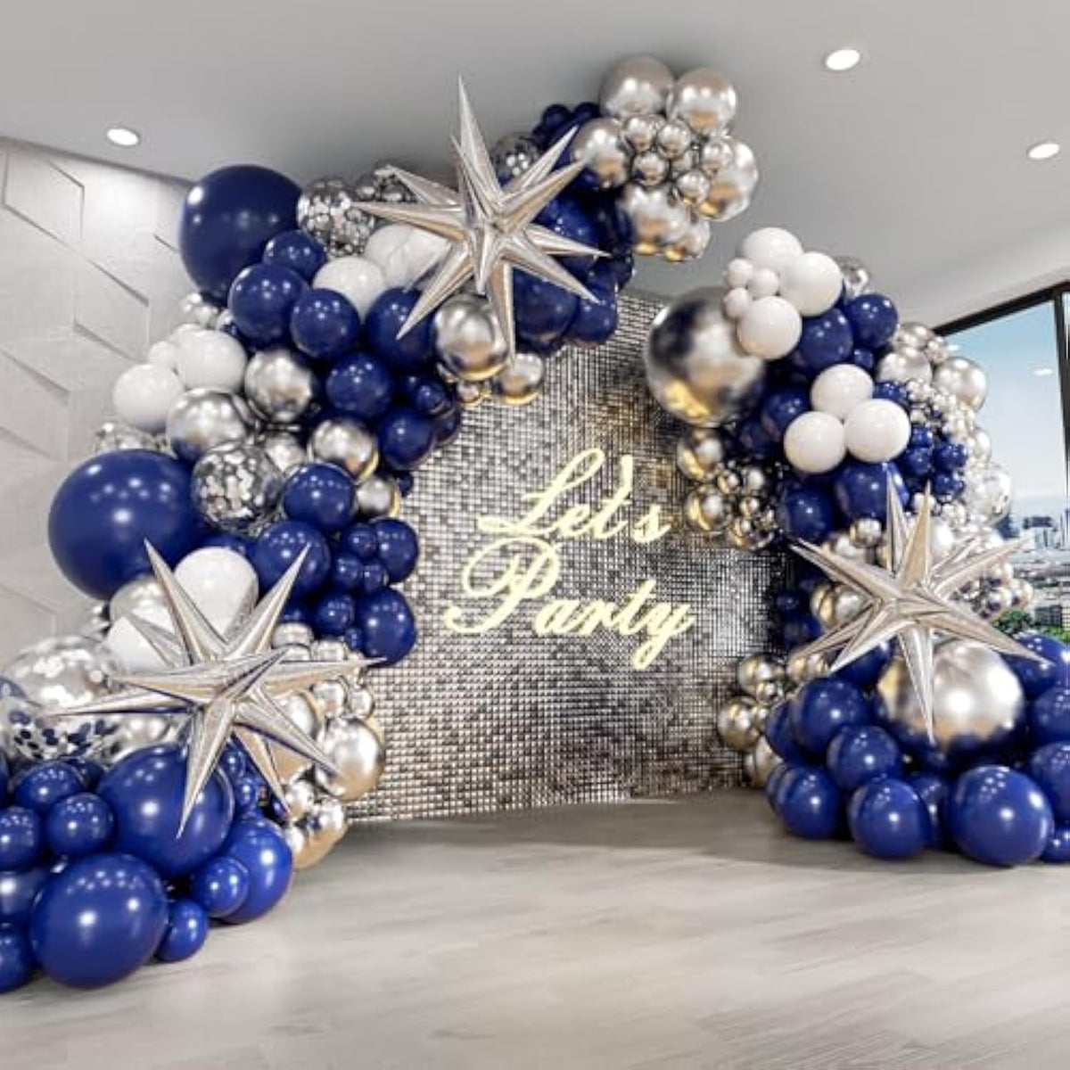 130pcs Navy Blue Silver Balloon Arch Kit with Stars for Birthday Events