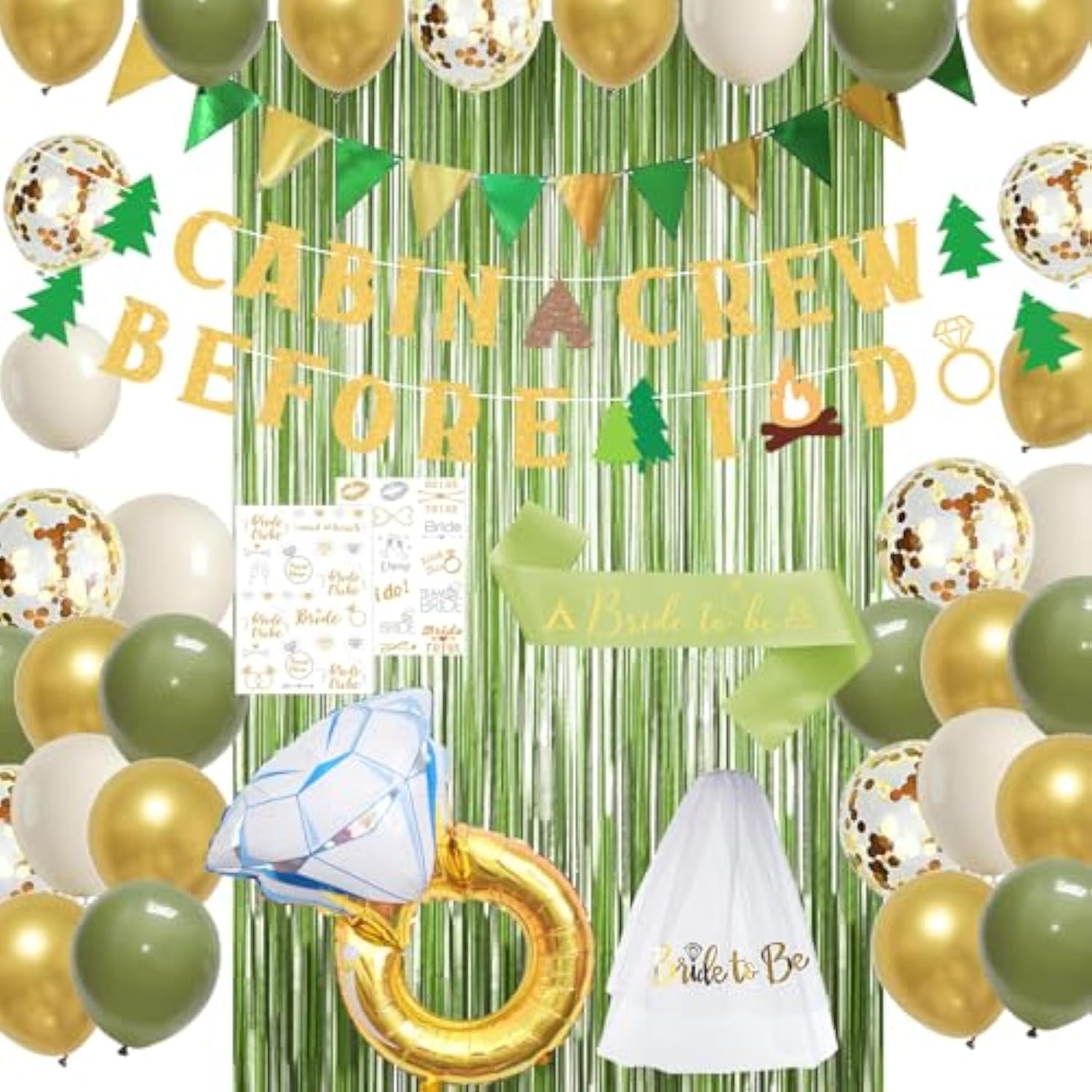 Camp Bachelorette Party Decorations, Green Bride To Be Sash Veil Fringe Curtain, Cabin Crew Before I Do Banner Balloons Temporary Tattoos Kit, Camping Themed Bridal Shower Wedding Decorations