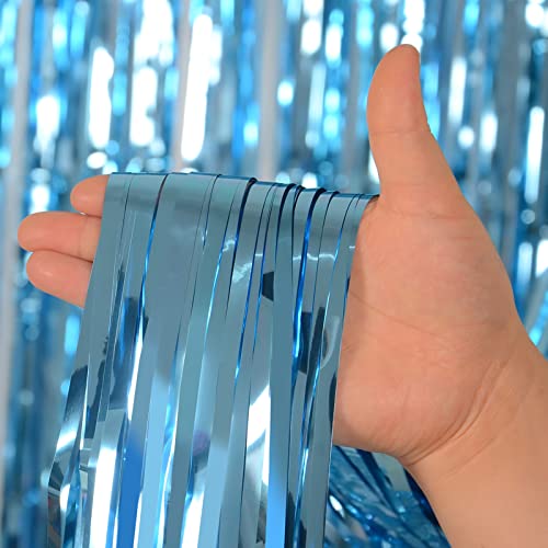 Light Blue Foil Fringe Curtains Party Decorations, 3.2 x 8 ft Foil Curtains Tinsel Backdrop for Ocean, Baby Shark Theme Birthday Decorations - Pack of 2