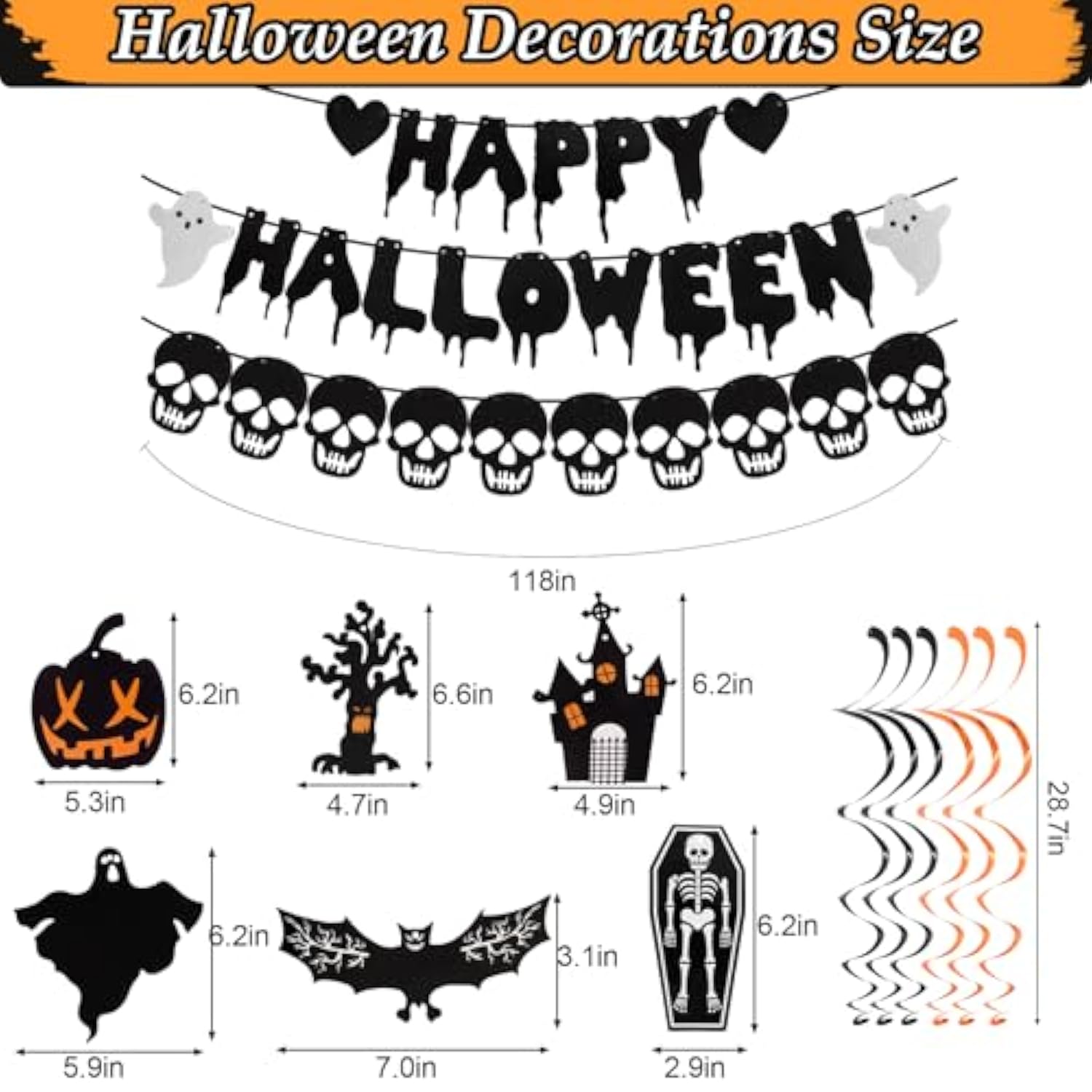 Halloween Decorations Set with Happy Halloween Banner Black Glitter Skull Garland Swirls