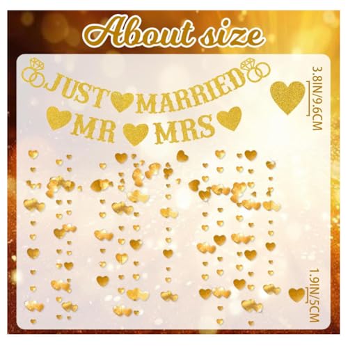 Just Married Party Decorations, Gold Glitter Just Married Mr & Mrs Banner with Heart Garland for Bridal Shower Engagement Wedding Party Decorations Supplies