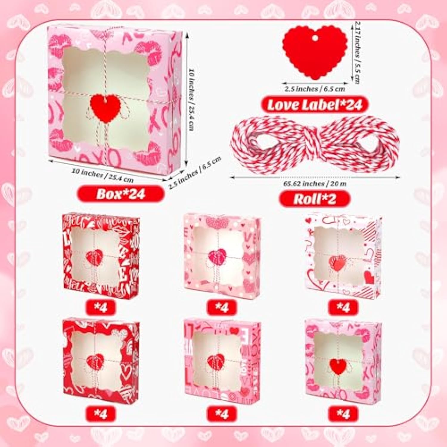 24 Packs Heart Cookie Boxes 10 X 10 X 2.5 Inches Heart Bakery Treat Boxes With Pvc Window Cupcake Treat Boxes With Heart Cards Favors For Wedding Cooking Party