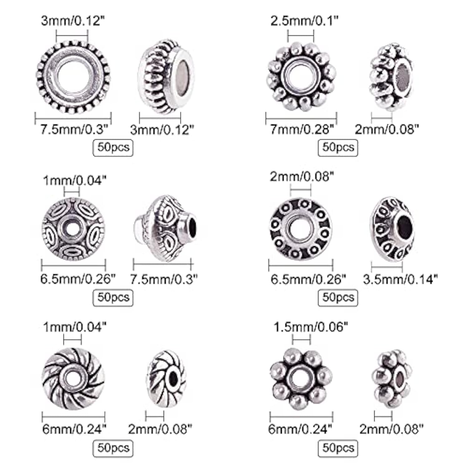 300pcs Antique Silver Spacer Beads – 6 Styles Tibetan Alloy for Jewelry DIY