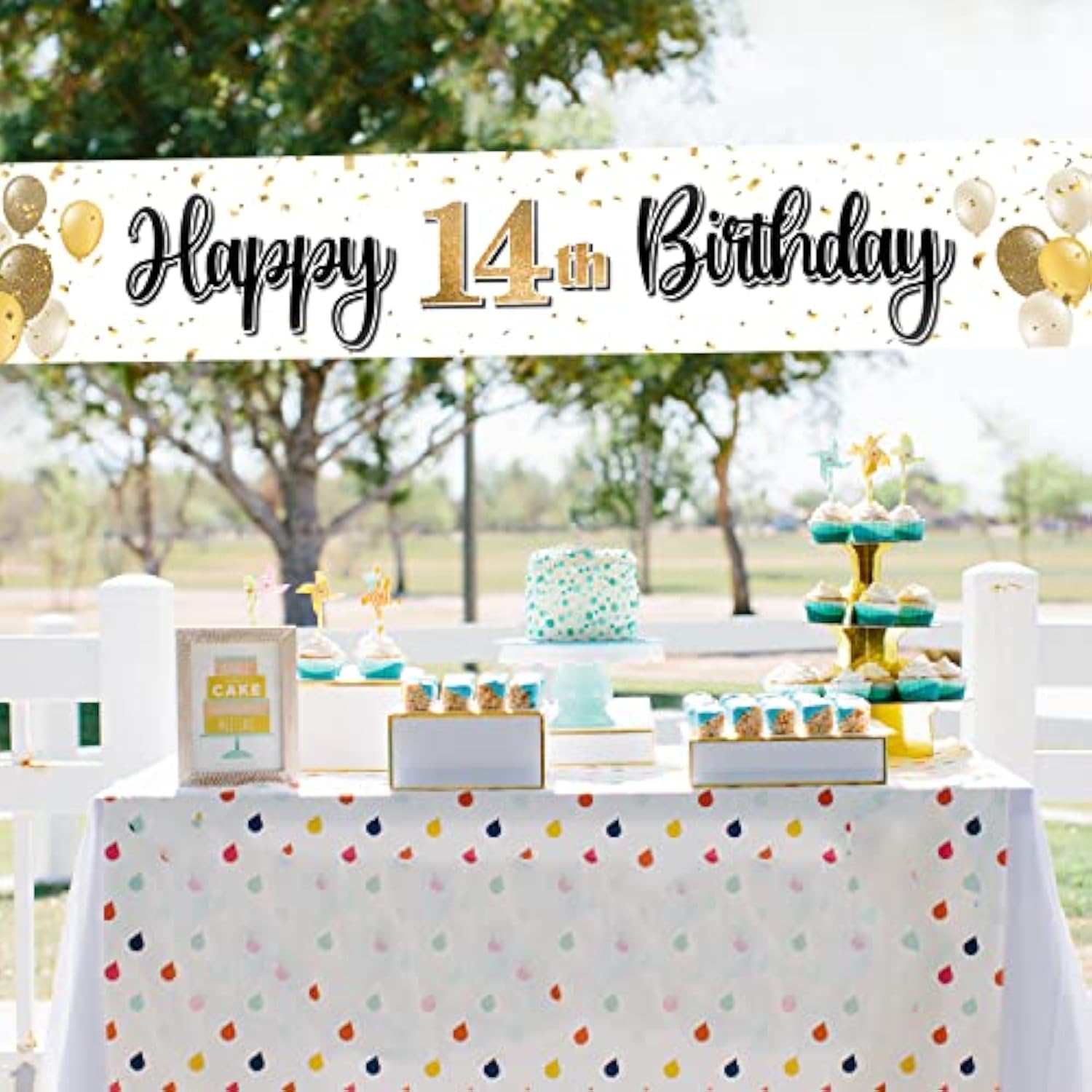 Happy 14Th Birthday Decorations,14Th Gold Balloon Large Birthday Hanging Banner Sign,Cheers To Fourteen Years Old Bday Party Supplies.