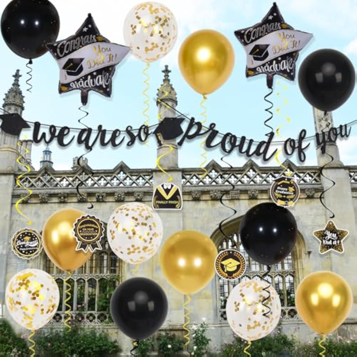 Class of 2025 Graduation Decorations, Banner, Balloons & Congrats Hanging Swirls