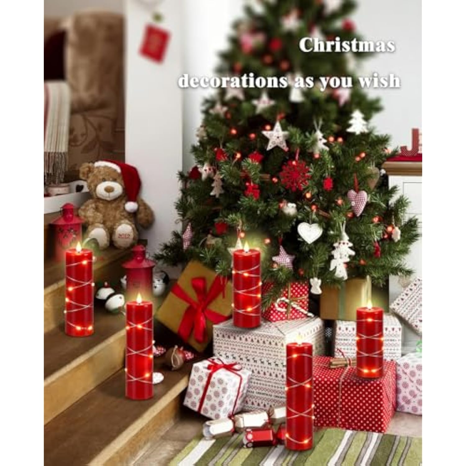 Red Flameless Candle Fairy String Light, Water Drop Flame, Advanced Led Flame Simulation With Remote And Timed Candles, 5-Cell Battery Powered?Christmas Candle