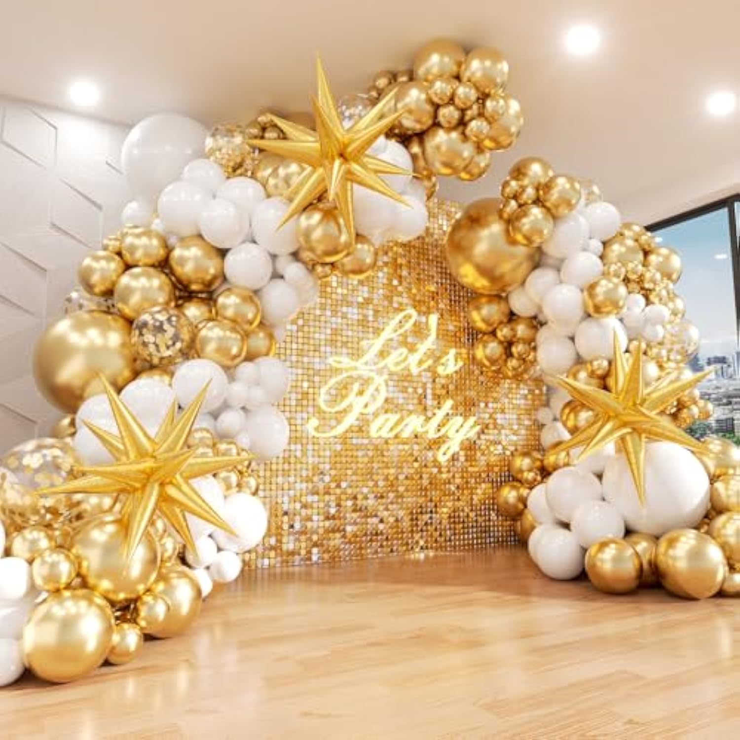 White and Gold Balloon Garland Kit: Starburst Party Decorations