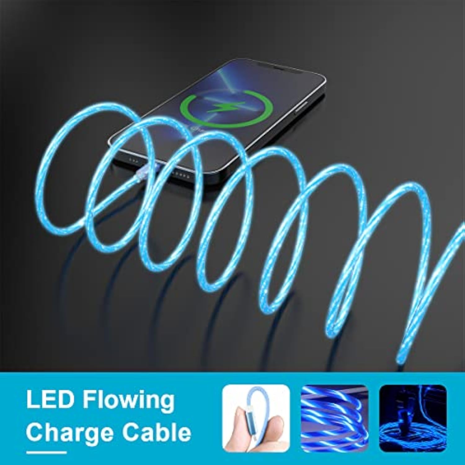 2M/6Ft Flowing Led Light Up Lightning Charge Cable,Glowing Apple Charger Adapter Sync Data Connector Cord For Car With Iphone 13/12 Pro Max /11 Pro/Xr/Xs Max/X/8 7 Se 2020,Ipad/Ipod (Blue)