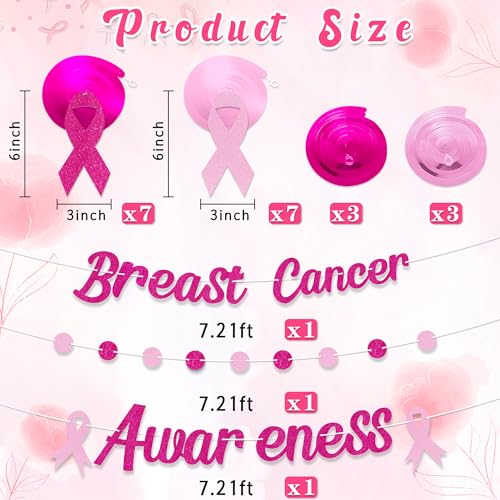 23Pcs Breast Cancer Awareness Decorations - Pink Ribbon Hanging Swirl Banner Accessories for Party Supplies Decor