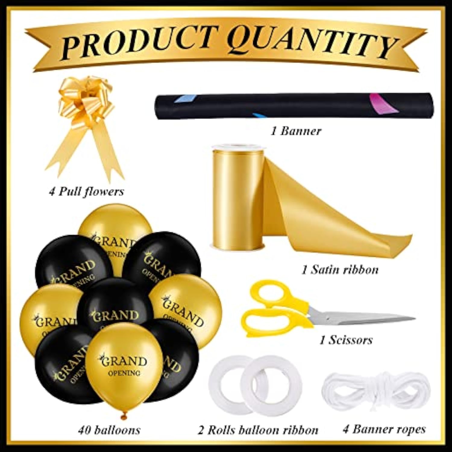 Grand Opening Ribbon Cutting Ceremony Kit Grand Opening Banner Decorations With 10'' Scissors 40 Pcs Balloons Satin Ribbon Bows And More Supplies For Business Events(Black Gold)