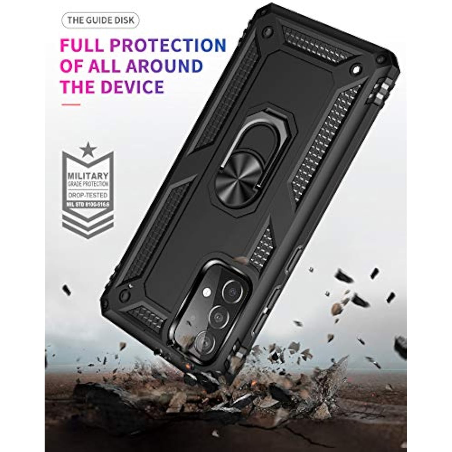 Military Grade Drop Impact For Samsung Galaxy A52 5G Case 360 Metal Rotating Ring Kickstand Holder Armor Heavy Duty Shockproof Cover For Galaxy A52 5G/4G Phone Case (Black)