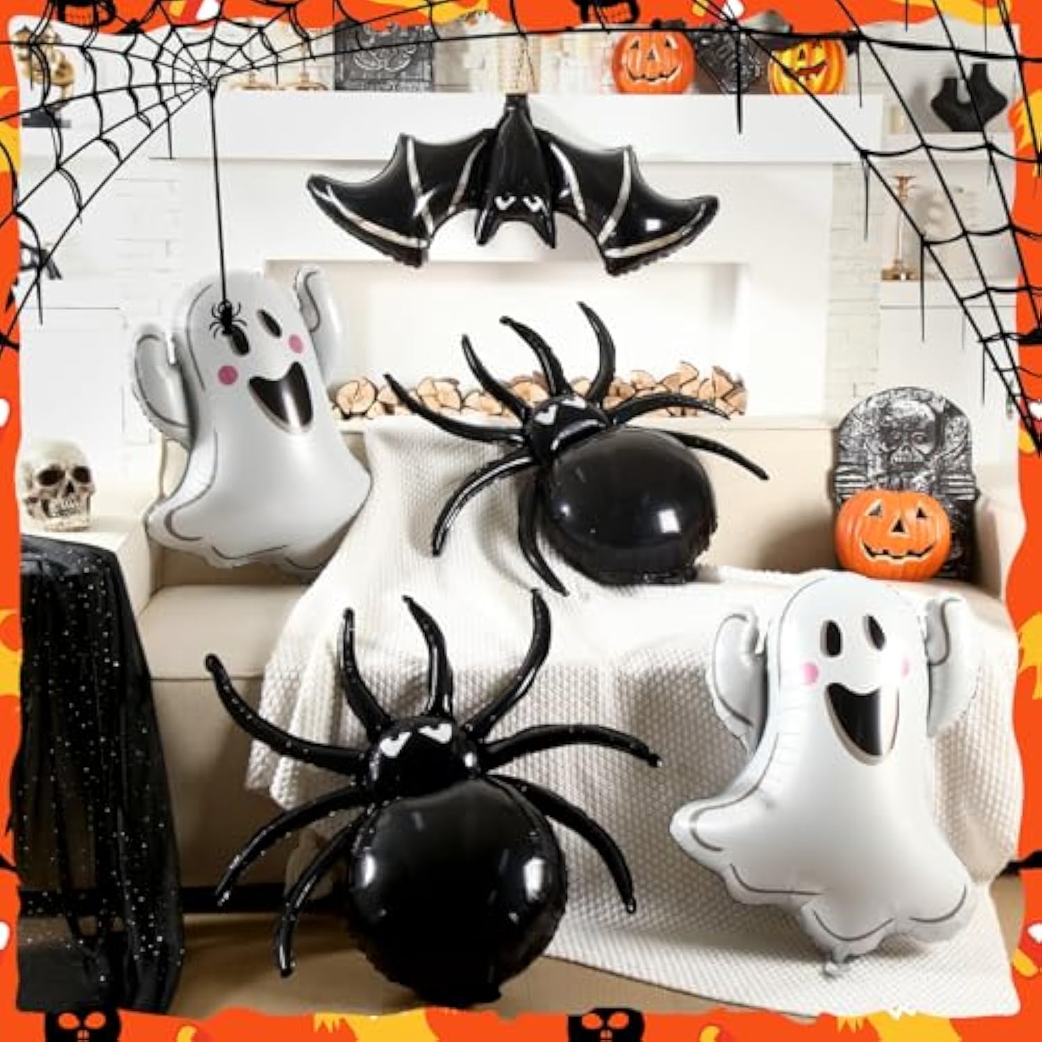 12Pcs Halloween Foil Balloons - Ghost, Bat & Spider Decorations for Party and Photo Props