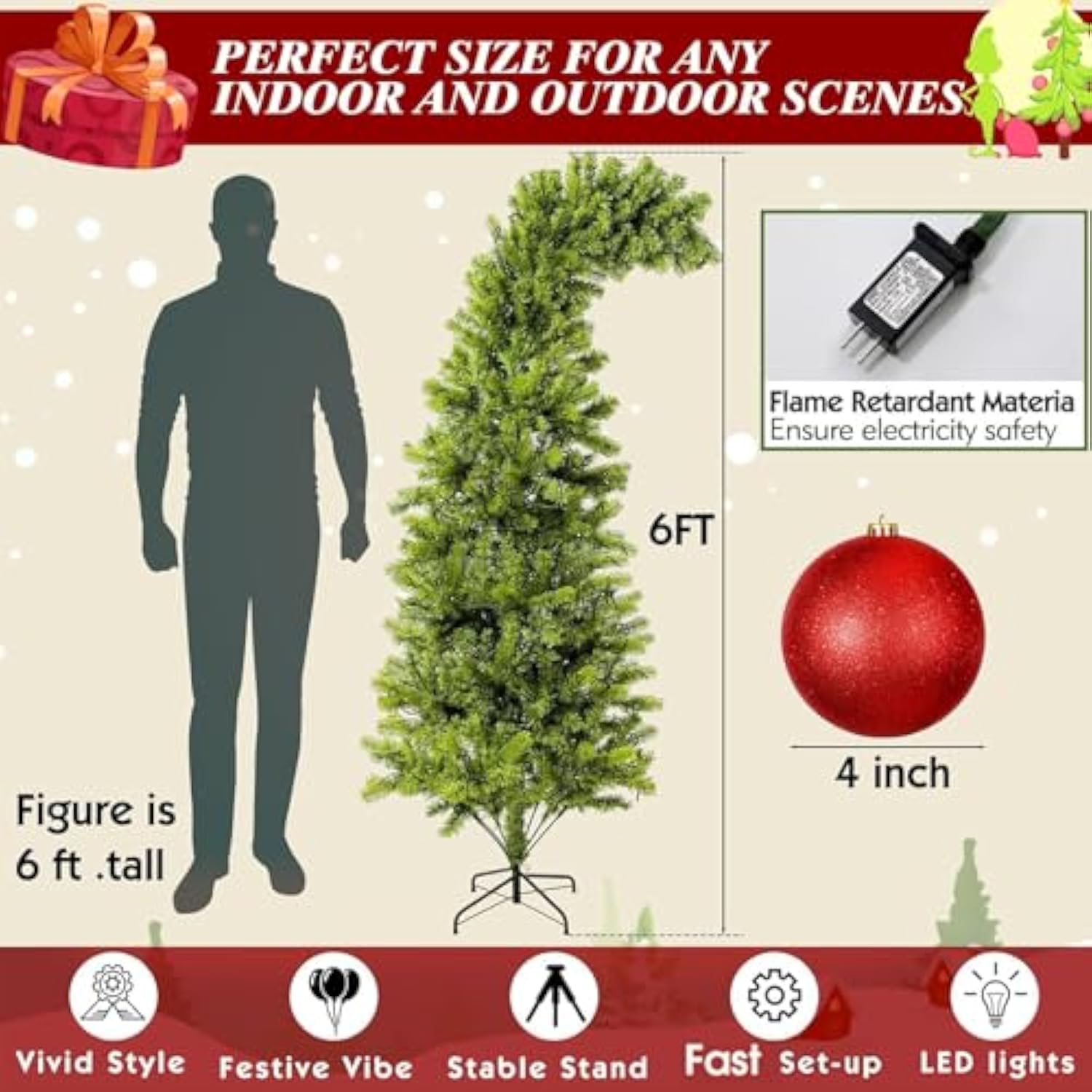 6 Ft Lime Green Whimsical Christmas Tree With Stand Led Lights Red Ball Tree Deluxe Set Plastic Red Ball Fantastical Artificial Lighted Christmas Xmas New Year Holiday Party Decor Favor