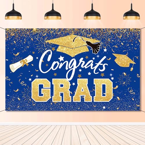 Graduation Party Decorations - Blue Gold Congrats Grad Class of 2026 Backdrop Banner Large Sign Wall Decorations Photography Background Party Supplies for 2026 Graduation Party Decorations