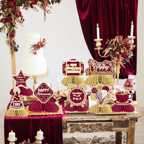 8 Pieces Happy Retirement Honeycomb Centerpieces - Burgundy Retirement Party Decorations, New Journey Begins Goodbye 9 to 5 Table Toppers for Welcome to 7 Day Weekends Farewell Leaving Party