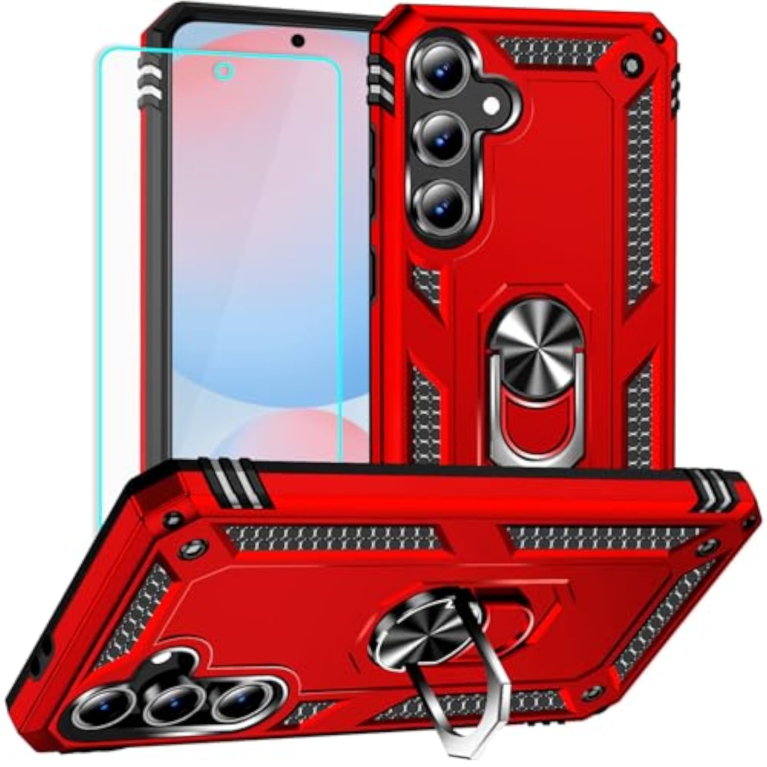 For Samsung Galaxy S24 Fe Case: With Screen Protector - Military Grade Protective Cases With Finger Ring Holder Kickstand For Samsung S24 Fe(Red)