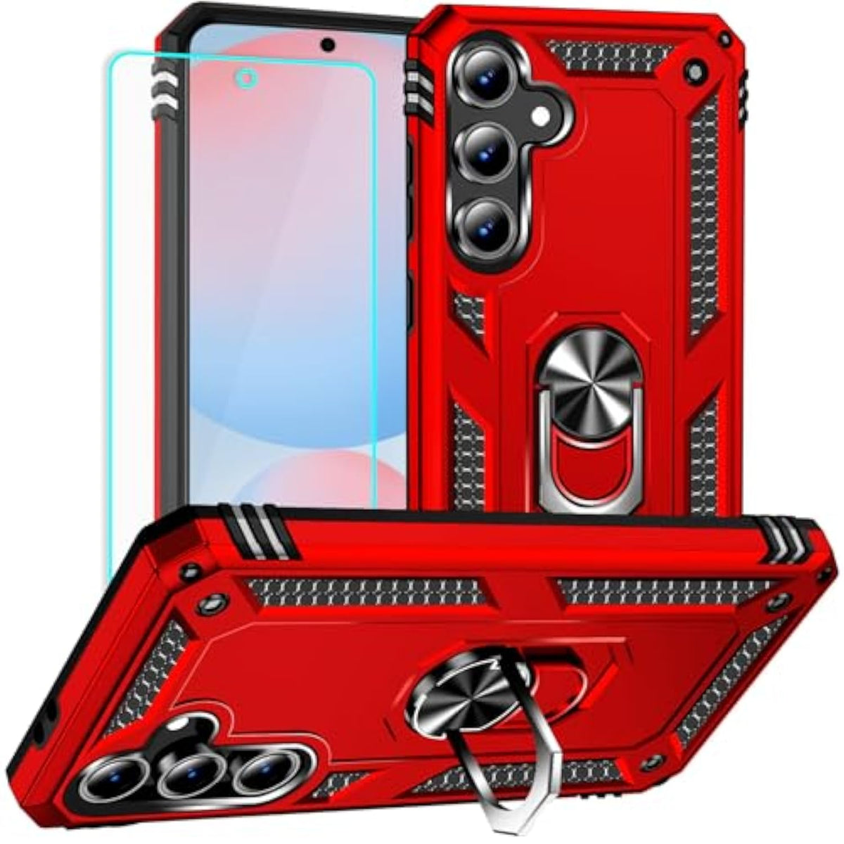 For Samsung Galaxy S24 Fe Case: With Screen Protector - Military Grade Protective Cases With Finger Ring Holder Kickstand For Samsung S24 Fe(Red)