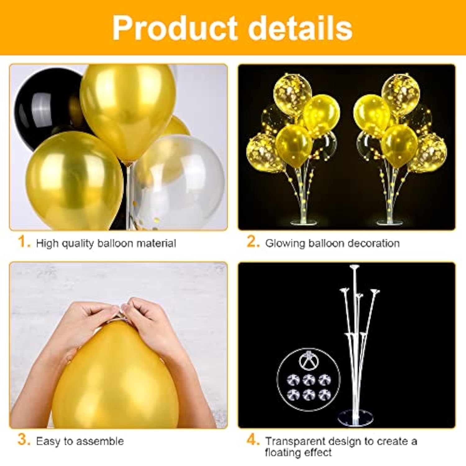 2 Set Table Balloon Stand Kit With Lights, Light Up Balloon Holder Include 16 Black Gold Latex Confetti Balloons, Christmas Party Decorations For Birthday, Weddings, Anniversary And Graduation