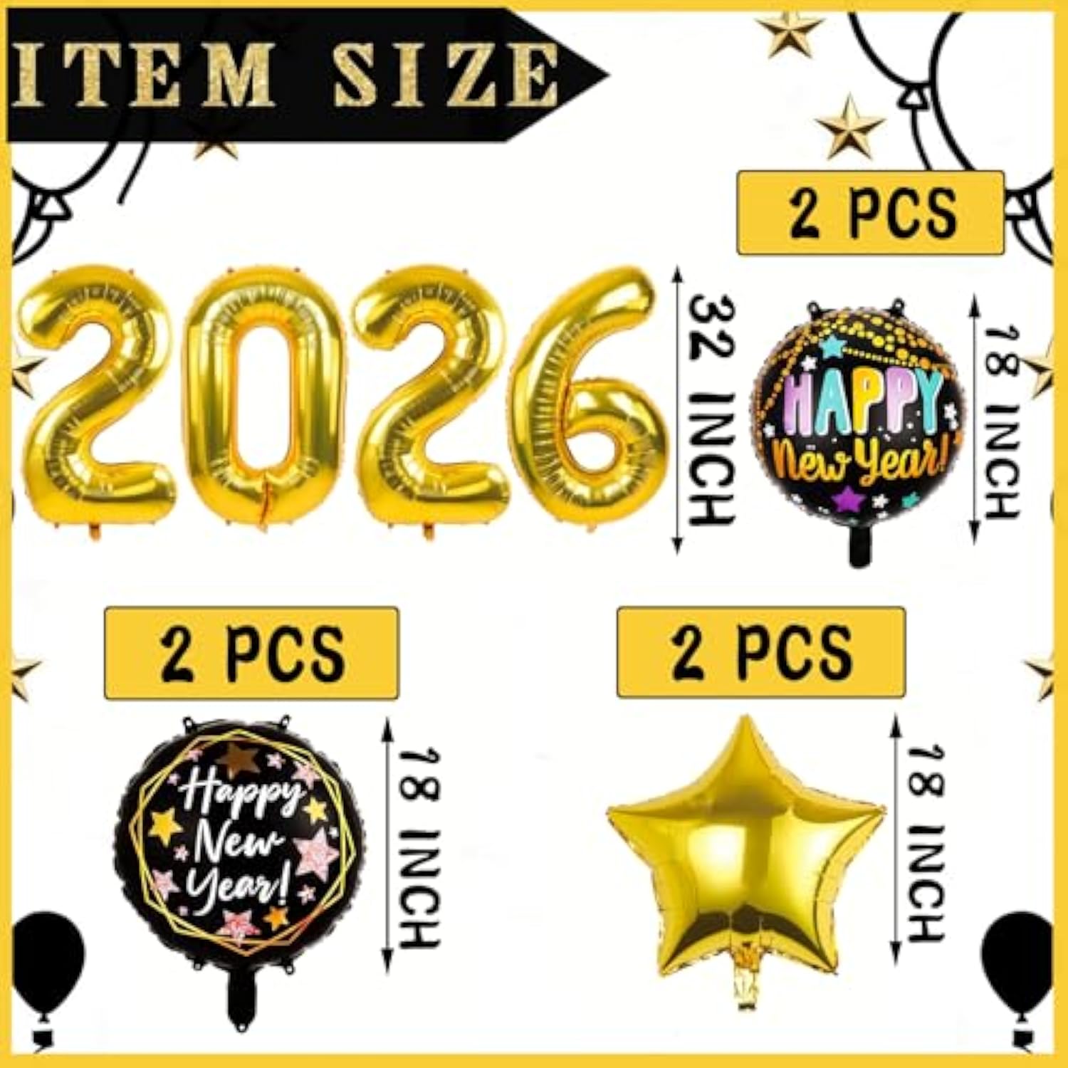 10-Piece Black and Gold New Year 2026 Foil Balloons for Party Decor
