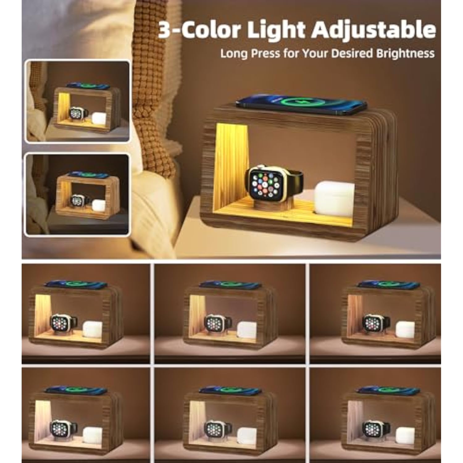 Bamboo Charging Station For Multiple Devices, 15W Fast Wireless Charger Night Light With 3 Color & 4 Adjustable Brightness, Night Stand Charger Station For Iphone/Iwatch/Airpods/Samsung With Adapter