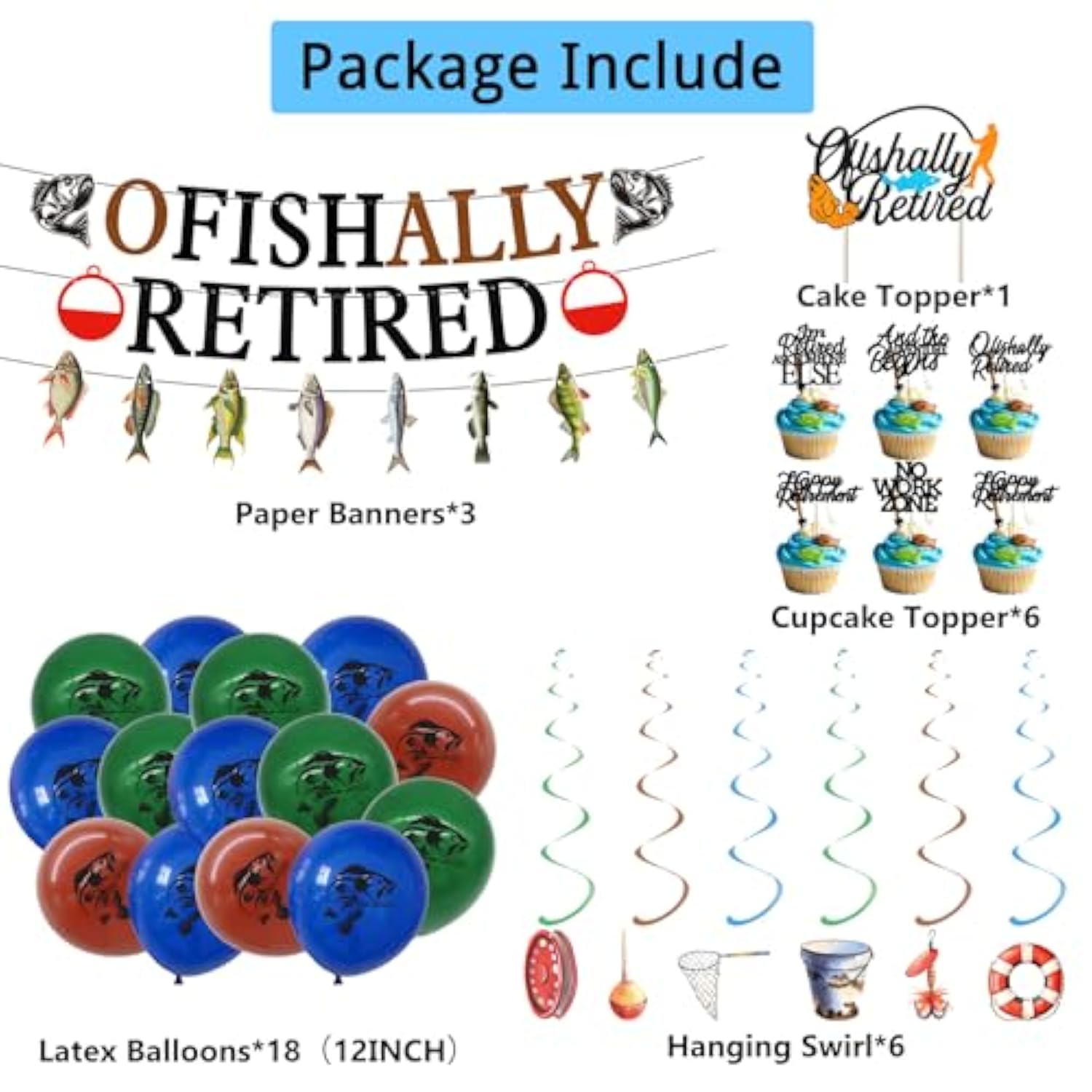 Retirement Party Decorations Men Women, Ofishally Retired Banner Balloons Cake Topper Hanging Swirls Kit, Fishing Themed Happy Retirement Party Supplies For Coworker