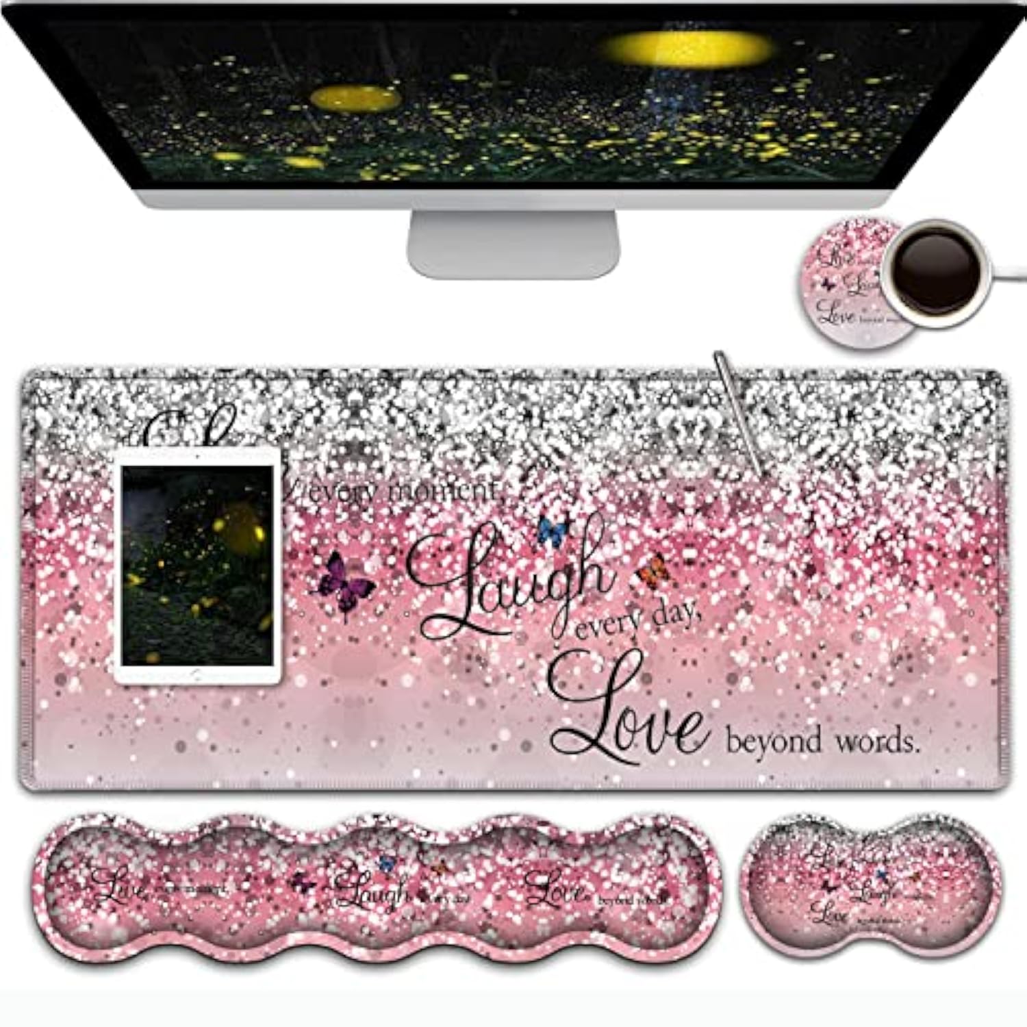 Pink Gaming Mouse Pad,Large Mouse Pad With Stitched Edge,Non-Slip Base Office Desk Pad Ergonomic Keyboard Wrist Rest Set,Waterproof Writing Pad, Quotes And Butterfly Pattern Extended Xxl Desk Mat