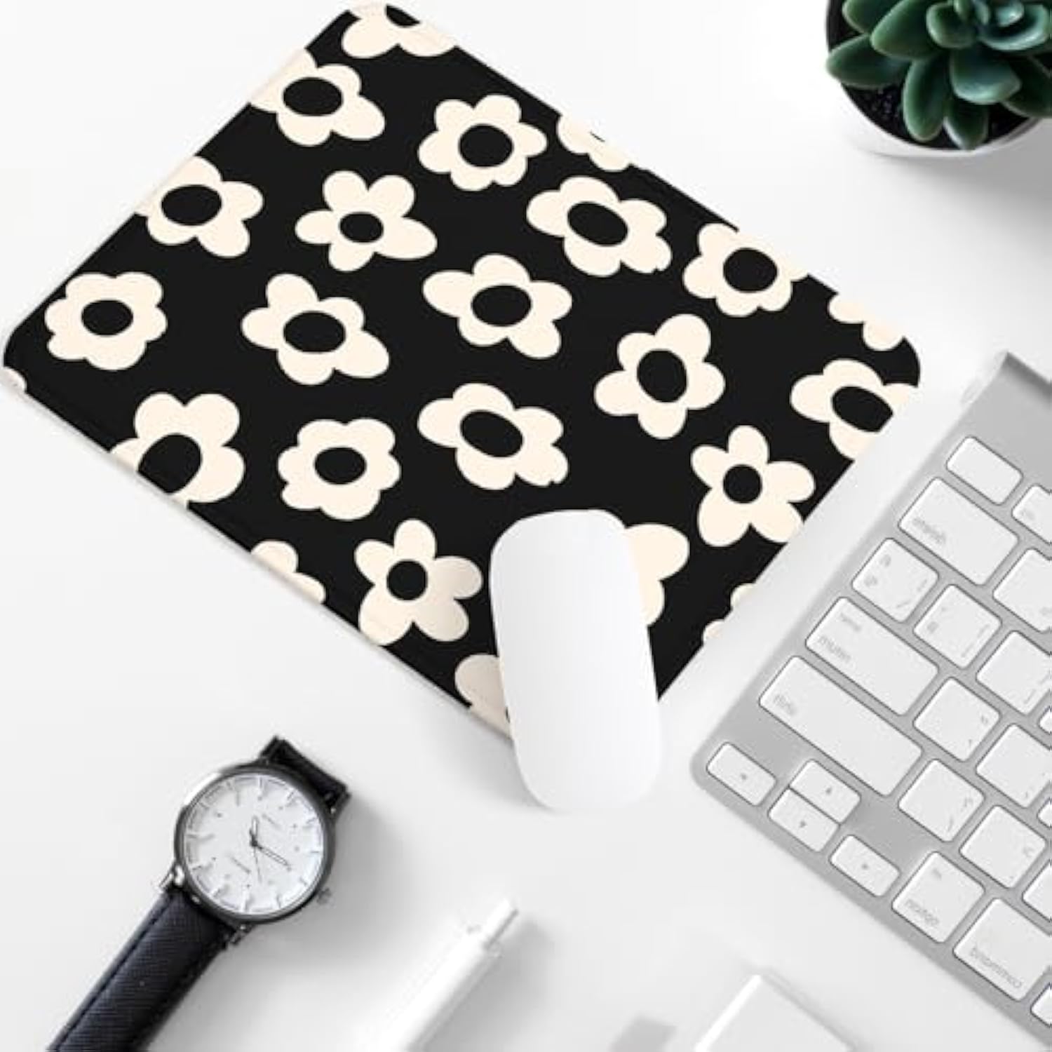 White Flowers Square Mouse Pad,Non-Slip Rubber Base Mouse Pad,Home Office Decoration Desktop Accessory,Laptop Mouse Pad For Office Laptops,9.4X7.8X0.12In