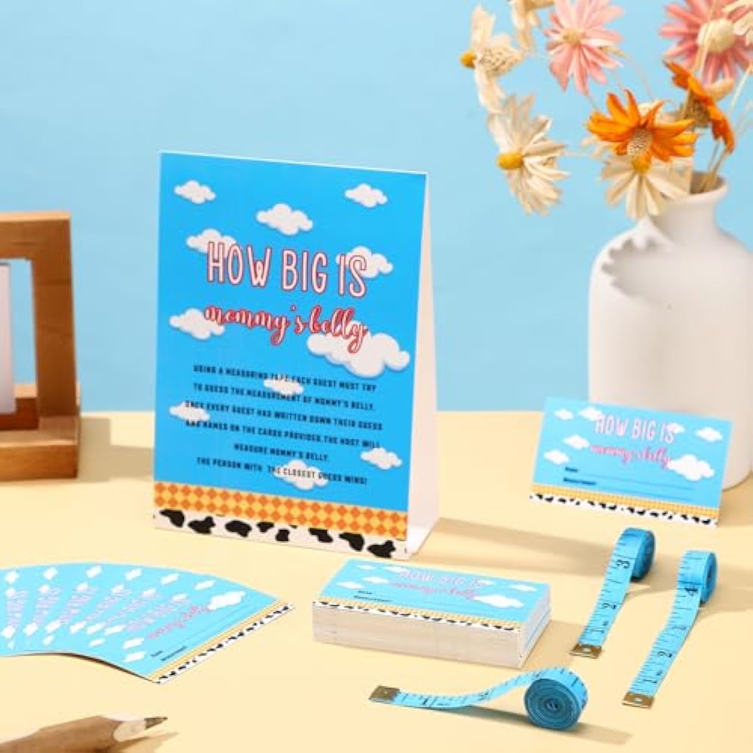54 Pcs Cartoon Blue Sky Baby Shower Games Pink Bow Measure Belly Bump Party Games Include How Big Is Mommy'S Belly Sign 50 Guessing Cards 3 Measuring Tapes For Baby Shower Party(Blue Sky)