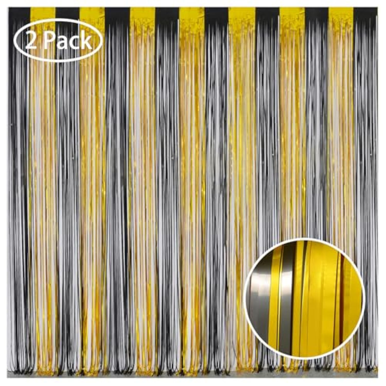 Black & Gold Foil Tinsel Backdrop 3.2x8ft Fringe Curtain 2 Pack