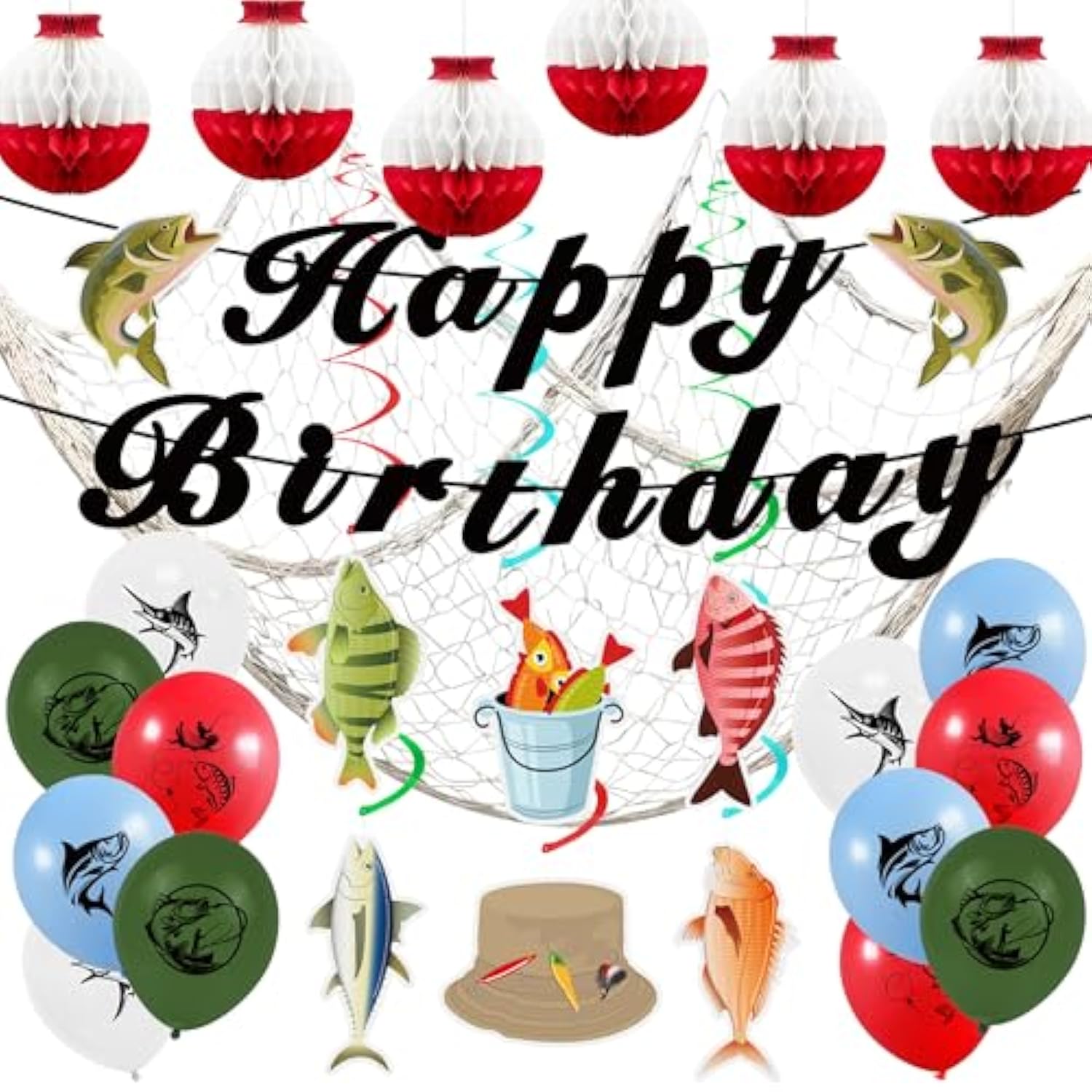Gone Fishing Party Kit with Hanging Banner, Swirls, Balloons (Happy Birthday)