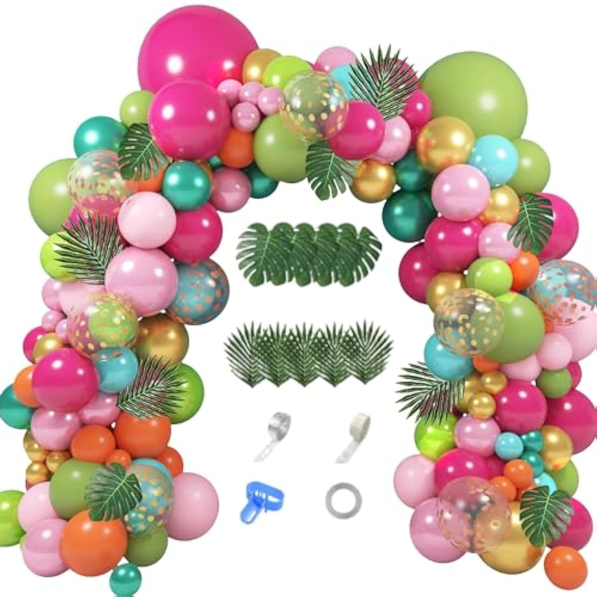 158Pcs Tropical Balloon Arch Garland Kit, Hawaiian Luau Aloha Flamingo Party Decorations Olive Green Hot Pink Orange Rose Gold Confetti Balloons Palm Leaves Birthday Baby Shower Summer Beach Supplies