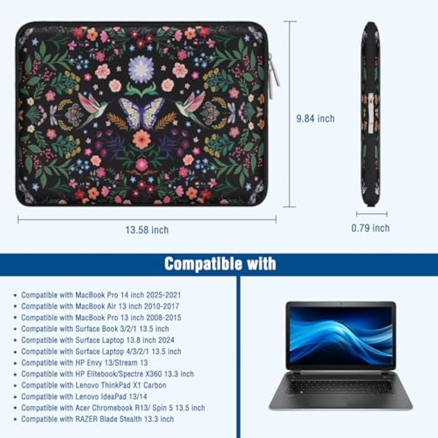 MOSISO Laptop Case 13.3 inch, 13-14 inch Laptop Sleeve Bag Compatible with MacBook Air/Pro 13/Pro 14, HP Dell Acer ASUS Lenovo, Neoprene Hummingbird Plants Flowers Computer Bag with Small Case, Black