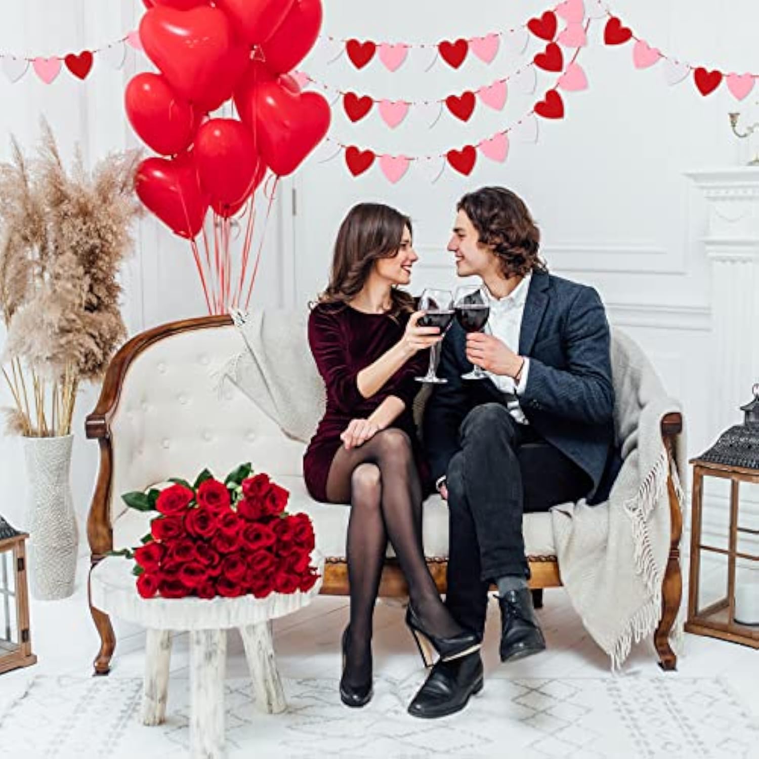 5 Pack Heart Garland Decorations Felt Heart Banner Hanging For Valentines, Anniversary, Mantle, Room Decor (Red, White, Pink)