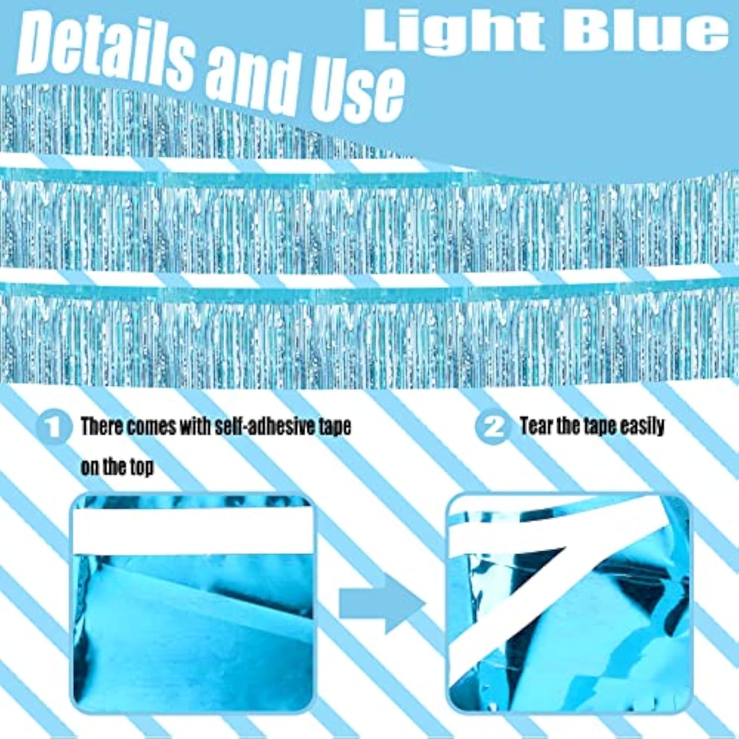 6 Pack 10 Feet Foil Fringe Garland Metallic Tinsel Streamers Banner Wall Hanging Curtain Backdrop Banner For Parade Floats, Thanksgiving, Christmas, Birthday, Halloween Party Decorations(Light Blue)