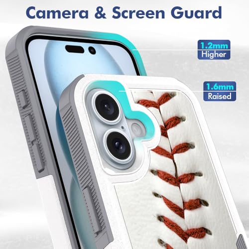 Case for iPhone 16, Baseball Sports Pattern Shock-Absorption Hard PC and Inner Silicone Hybrid Dual Layer Armor Defender Case for iPhone 16