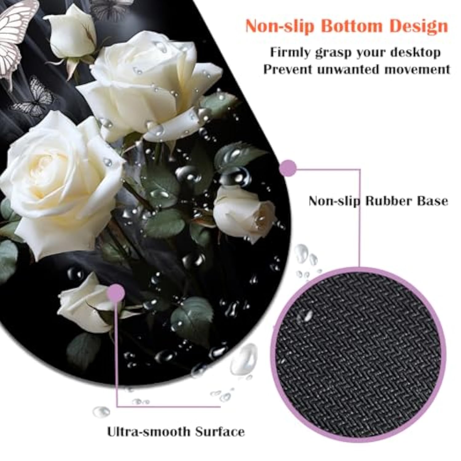Mouse Pad, Computer Mouse Pad, Portable Office Non-Slip Rubber Base Wireless Mouse Pad, Laptop, Games, Office And Home, La Rose Blanche
