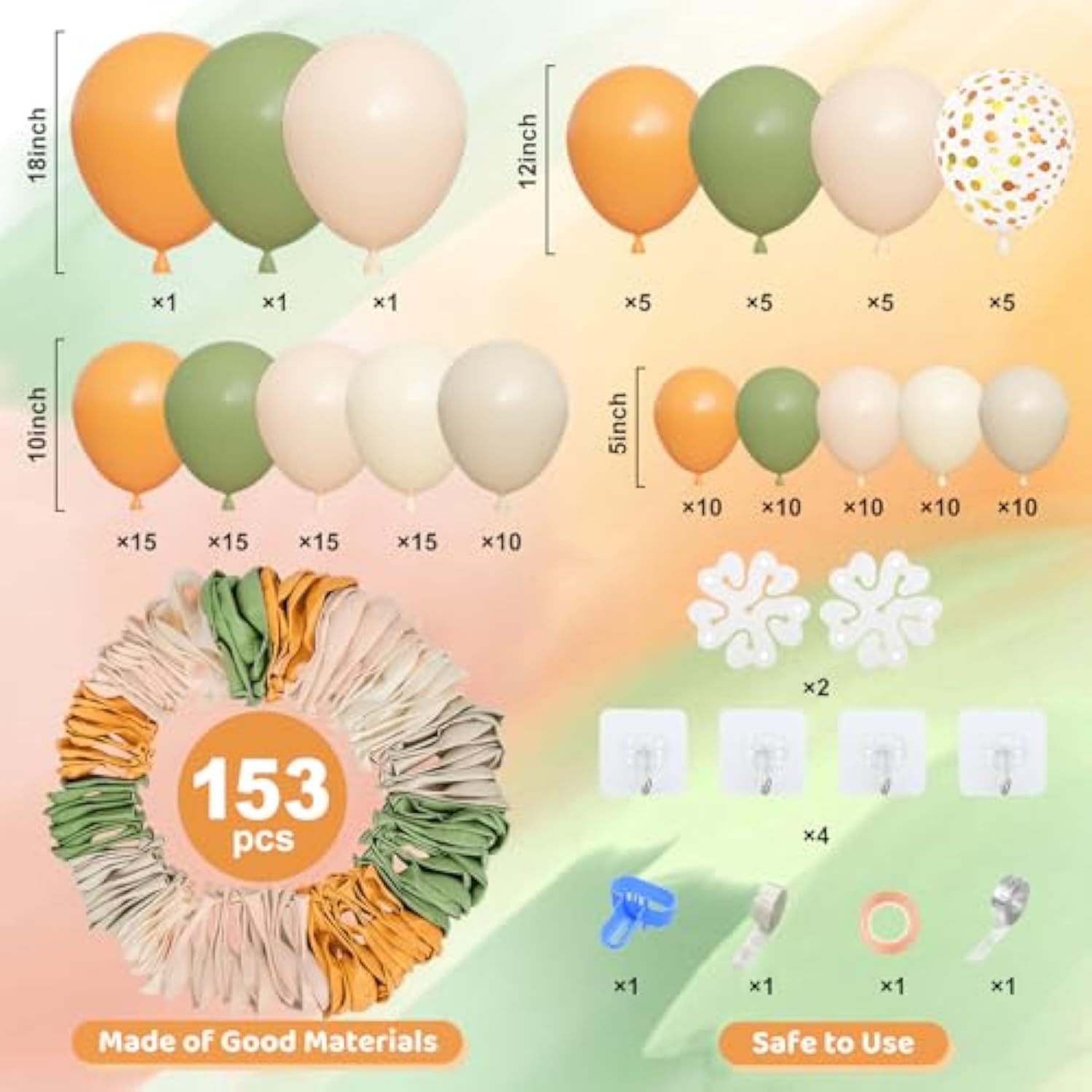 153PCS Green Orange Balloon Arch Kit with Sage White Sand Balloons for Baby Shower