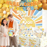 Here Comes The Son Baby Shower Decor - Boho Sun Baby Shower Party Tableware With Balloon Arch,Cake Topper,Banner Decorations For Boys Retro Boho Sun,You Are My Sunshine Party Supplies