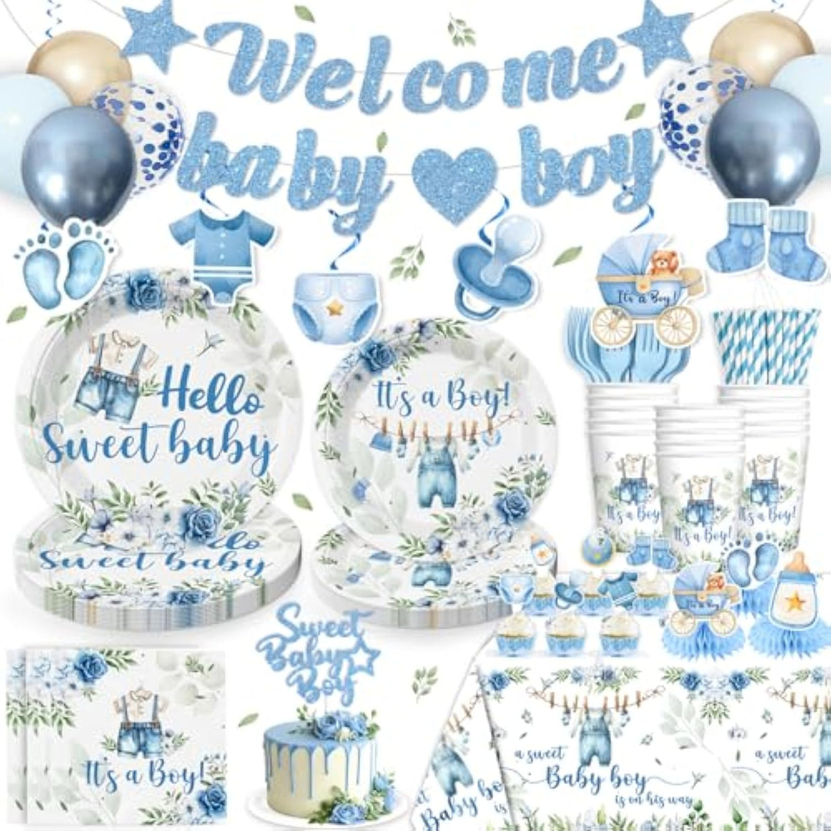 213Pcs Blue Baby Boy Shower Decorations Tableware Set, 25 Serves Disposable Plates And Napkins Set, With Cake Topper, Centerpieces, Banner, Tablecloth, For Baby Boy Baby Shower Decorations