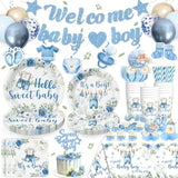 213Pcs Blue Baby Boy Shower Decorations Tableware Set, 25 Serves Disposable Plates And Napkins Set, With Cake Topper, Centerpieces, Banner, Tablecloth, For Baby Boy Baby Shower Decorations