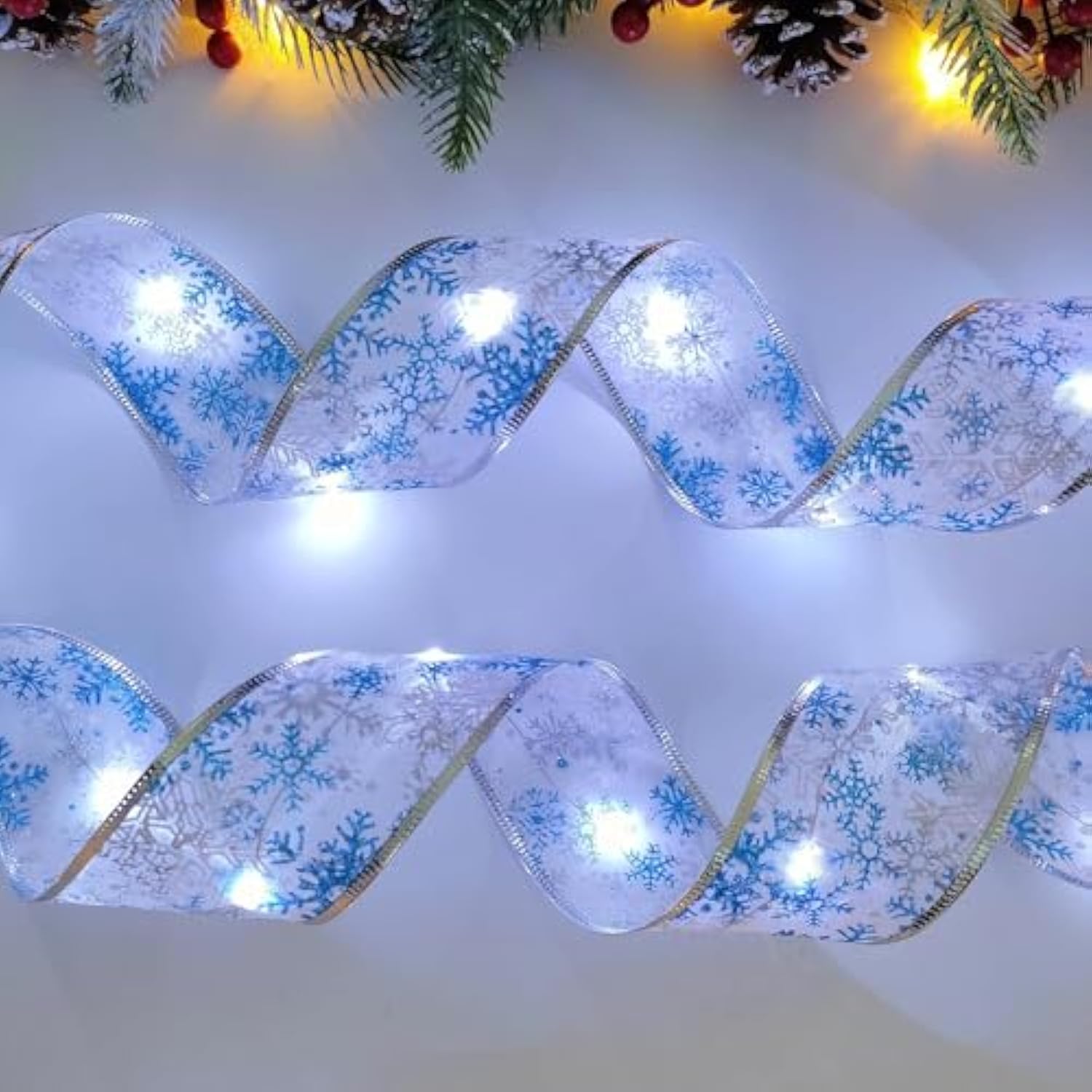 Christmas Tree Decorations Ribbon Lights, 32Ft 100 Led String Lights, Battery-Powered Copper Wire Christmas Tree Ribbon