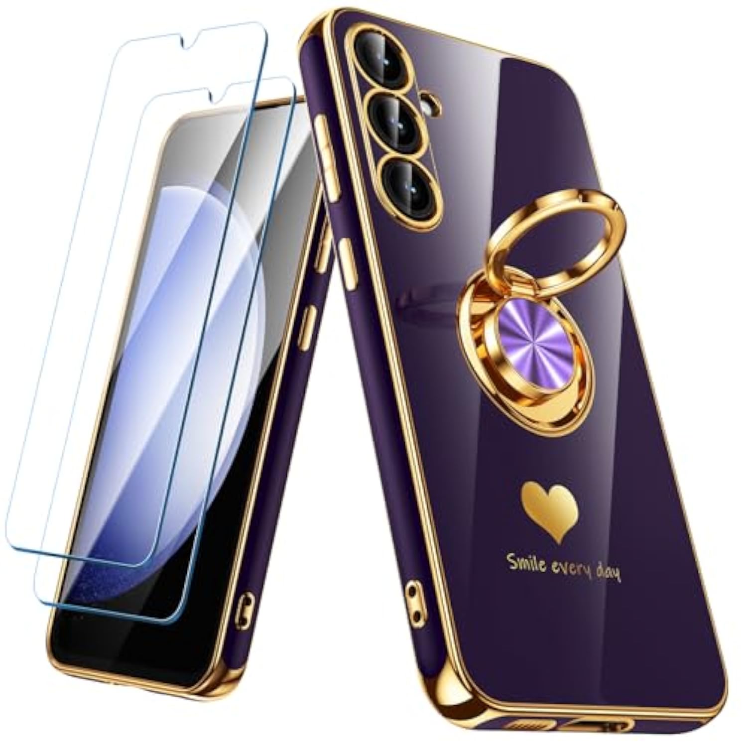 For Samsung Galaxy S23 Fe 5G Case With 2 Pack Screen Protector, 360° Rotatable Ring Holder [Luxury Hearts Pattern] Plating Gold Edge Slim Soft Phone Cover Case For Galaxy S23 Fe - Purple