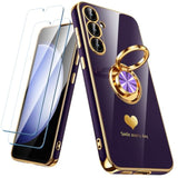 For Samsung Galaxy S23 Fe 5G Case With 2 Pack Screen Protector, 360° Rotatable Ring Holder [Luxury Hearts Pattern] Plating Gold Edge Slim Soft Phone Cover Case For Galaxy S23 Fe - Purple