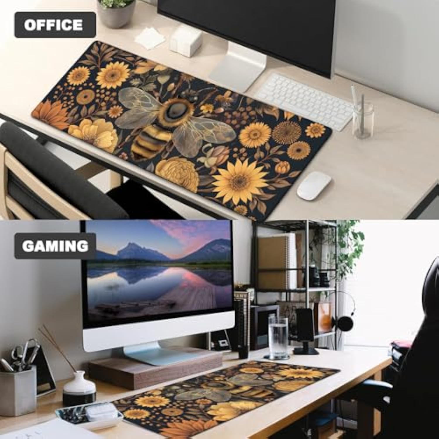 Retro Bee Gaming Mouse Pad,12X31.5In Non-Slip Rubber Flower Vintage Desk Mat,Large Extended Mousepad For Office Home Laptop,Mice Pads Gifts,Game Lover Deskmat Decor (Retro Dark 01)
