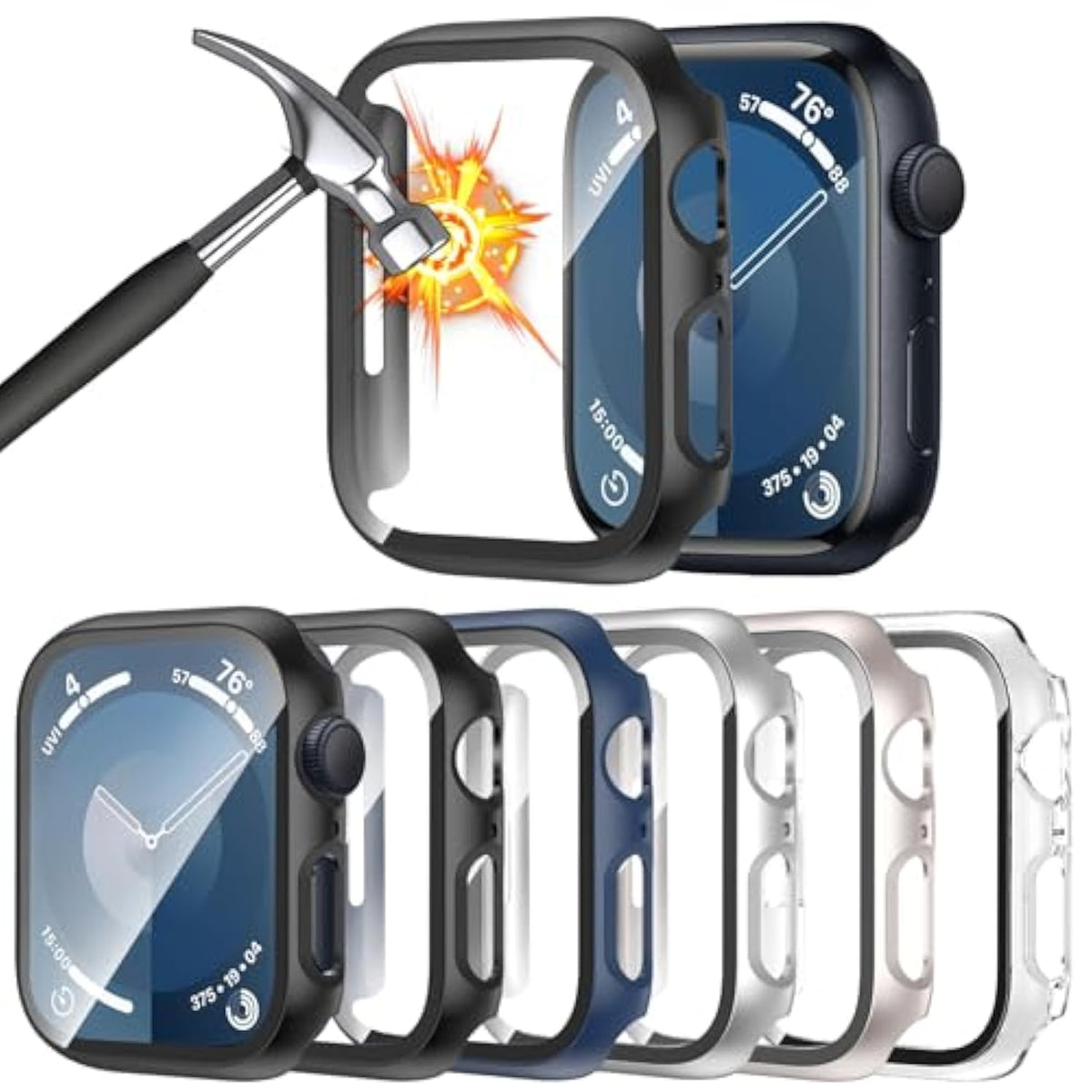 6 Pack Apple Watch 45mm Case Series 7-9 Tempered Glass Full Coverage