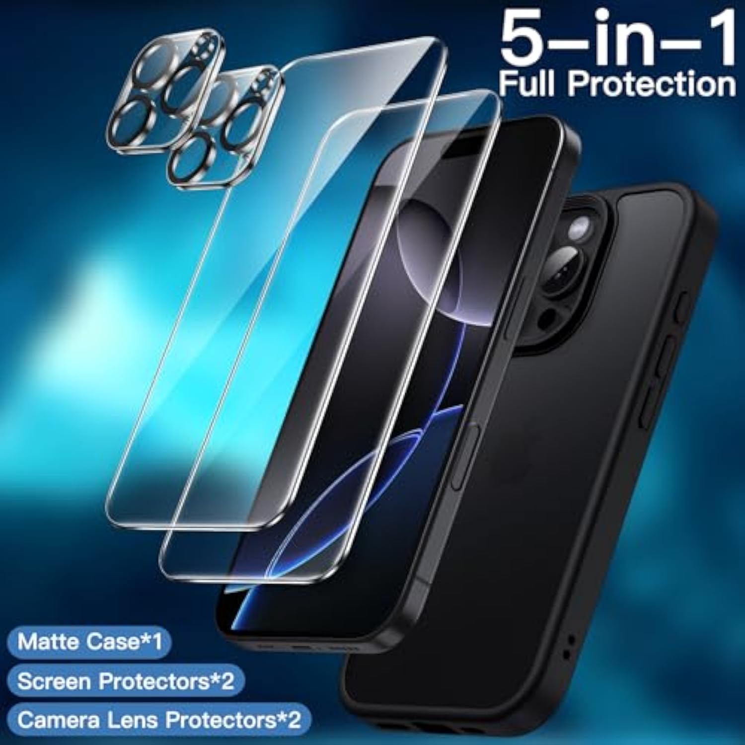 JETech 5 in 1 Matte Case for iPhone 16 Pro 6.3-Inch with 2-Pack Each Tempered Glass Screen Protector and Camera Lens Protector, Translucent Back Shockproof Phone Cover (Black)